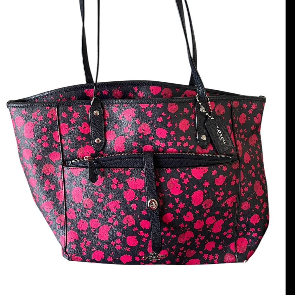Coach Navy and Pink Floral Tote with Leather Trim